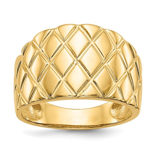 14K gold marquise pattern dome ring with detailed design, crafted by Solomon Jewelers, displayed on a neutral background.