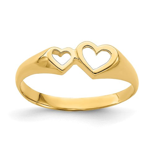 14K gold double heart cut-out ring featuring intricate design, crafted by Solomon Jewelers, perfect for elegant jewelry collection.