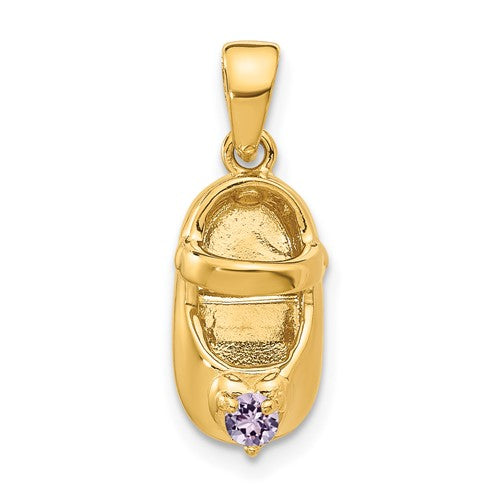 14k gold baby shoe charm with 3-D June synthetic stone, engraved pendant, detailed design, perfect for jewelry accessories.