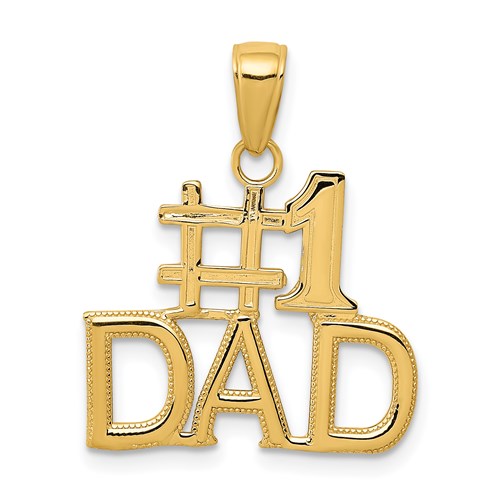14k gold #1 DAD charm pendant with engraved lettering, designed for necklaces, by Solomon Jewelers.