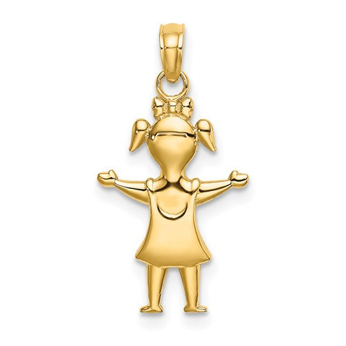 14k gold girl with pig-tails charm from Solomon Jewelers, polished pendant featuring a cute, detailed design.