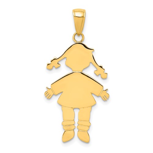 14k gold engravable girl charm pendant, Solomon Jewelers, featuring a delicate design perfect for personalized jewelry.