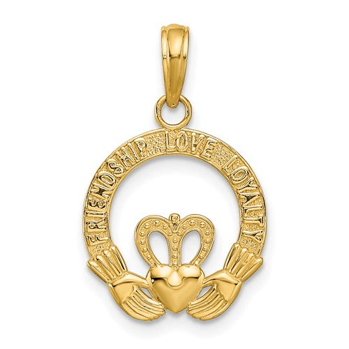 14k-satin-diamond-cut-flat-backed-claddagh-pendant-SolomonJeweler-Wichita-KS-CustomJewelry