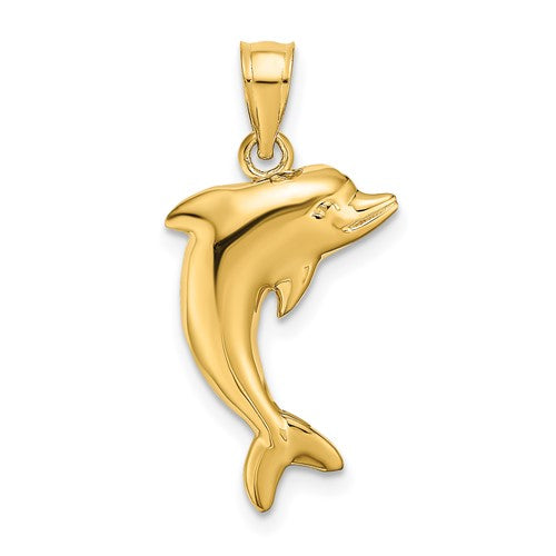 14k gold dolphin charm pendant with polished finish, designed by Solomon Jewelers for elegant jewelry accents.