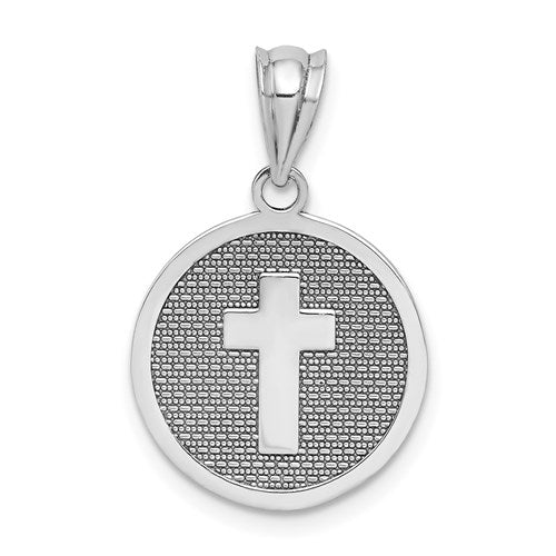 14k white gold reversible cross and First Holy Communion charm pendant, Solomon Jewelers, showcasing detailed religious jewelry design.