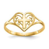 14k polished heart with cross ring from Solomon Jewelers, featuring a shiny gold finish and intricate cross detail.