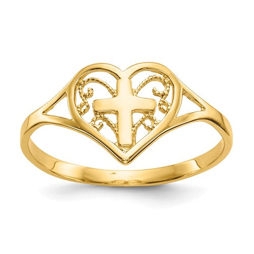 14k polished heart with cross ring from Solomon Jewelers, featuring a shiny gold finish and intricate cross detail.