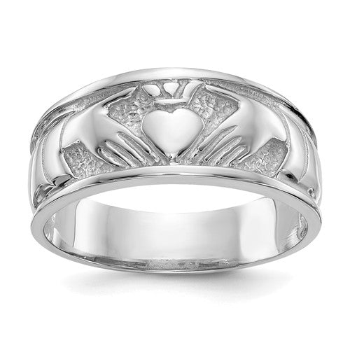 14k white gold ladies Claddagh ring with a polished finish, featuring traditional design and intricate detailing.