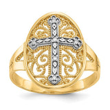 14k yellow and white gold diamond filigree cross ring with intricate design, featuring sparkling diamonds on a jewelry ring.