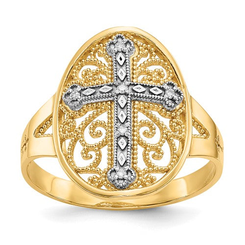 14k yellow and white gold diamond filigree cross ring with intricate design, featuring sparkling diamonds on a jewelry ring.