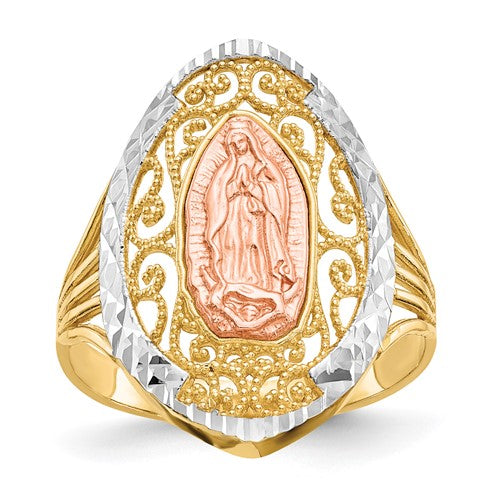 14K two-tone white rhodium filigree Guadalupe ring from Solomon Jewelers, showcasing intricate design and craftsmanship.