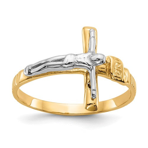 14k two-tone polished INRI crucifix ring showing detailed cross design and shiny finish, made by Solomon Jewelers.