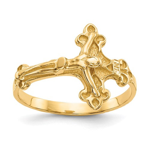 14k gold crucifix ring featuring detailed religious pendant, crafted by Solomon Jewelers, displayed on a neutral background.