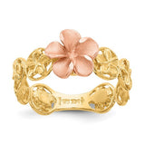 14k yellow and rose gold Plumeria flower ring with diamond-cut details, showcasing intricate jewelry craftsmanship.