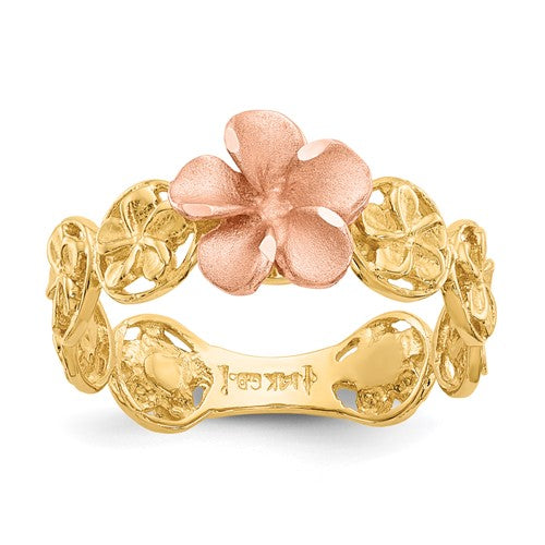 14k yellow and rose gold Plumeria flower ring with diamond-cut details, showcasing intricate jewelry craftsmanship.
