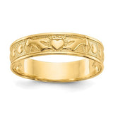 14k polished Claddagh ring from Solomon Jewelers, showcasing intricate heart and hands design in shiny gold finish.