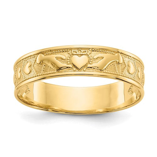 14k polished Claddagh ring from Solomon Jewelers, showcasing intricate heart and hands design in shiny gold finish.
