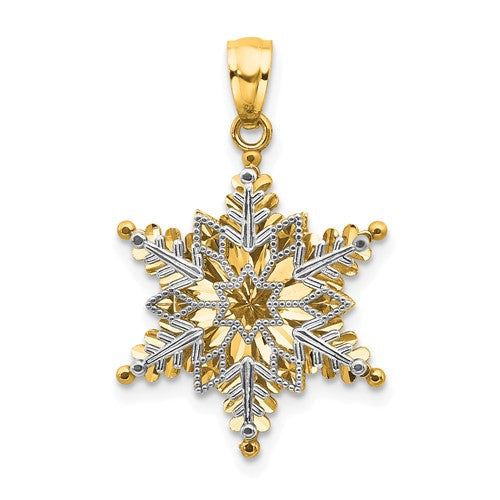14k-two-tone-polished-and-textured-2-level-snowflake-pendant-SolomonJeweler-Wichita-KS-CustomJewelry