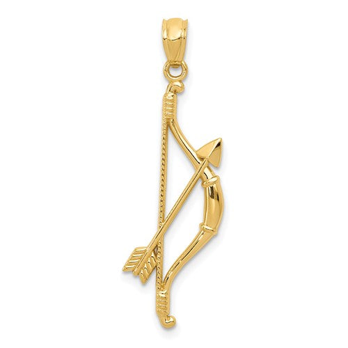 14k-gold-polished-and-textured-bow-and-arrow-pendant-SolomonJeweler-Wichita-KS-CustomJewelry