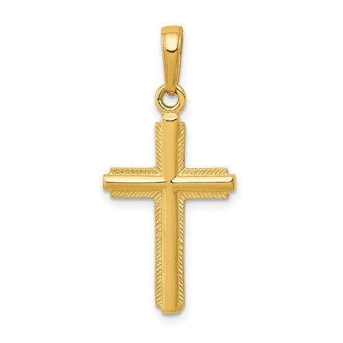 14k-polished-cross-with-striped-border-pendant-SolomonJeweler-Wichita-KS-CustomJewelry