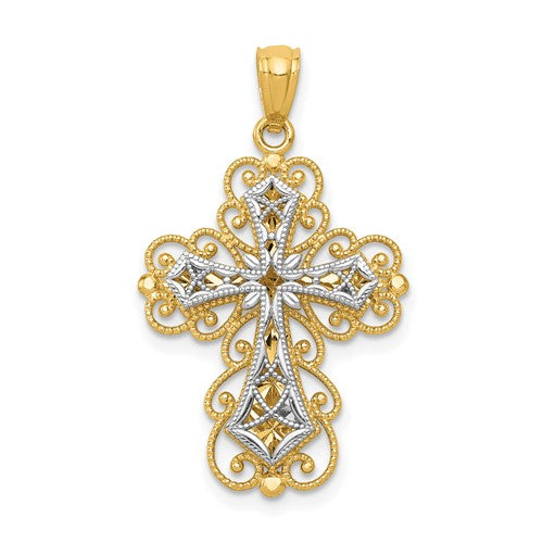 14k-two-tone-gold-polished-2-level-filigree-cross-pendant-SolomonJeweler-Wichita-KS-CustomJewelry