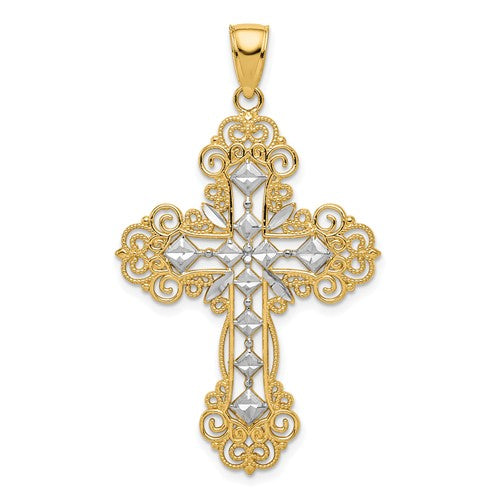 14k-w-rhodium-polished-textured-diamond-pattern-cross-pendant-SolomonJeweler-Wichita-KS-CustomJewelry