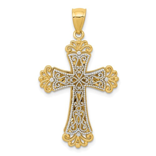 14k-two-tone-polished-2-level-fleur-de-lis-cross-pendant-SolomonJeweler-Wichita-KS-CustomJewelry