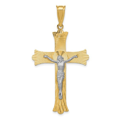 14k-two-tone-polished-satin-d-c-crucifix-cross-pendant-SolomonJeweler-Wichita-KS-CustomJewelry