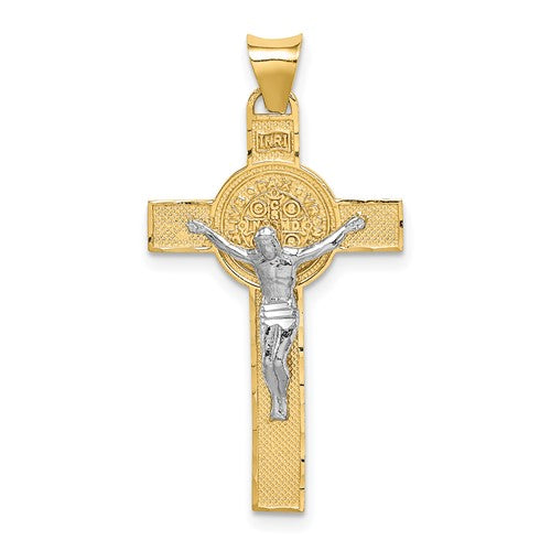 14k-two-tone-st-benedict-medal-crucifix-cross-pendant-SolomonJeweler-Wichita-KS-CustomJewelry