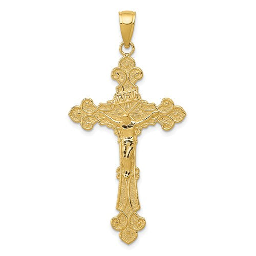 14k-polished-textured-inri-crucifix-fleur-de-lis-pendant-SolomonJeweler-Wichita-KS-CustomJewelry