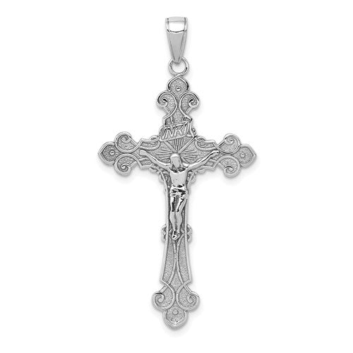 14k-white-gold-polished-textured-inri-crucifix-fleur-de-lis-pendant-SolomonJeweler-Wichita-KS-CustomJewelry
