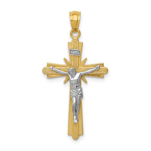 14k-two-tone-gold-polished-crucifix-pendant-SolomonJeweler-Wichita-KS-CustomJewelry
