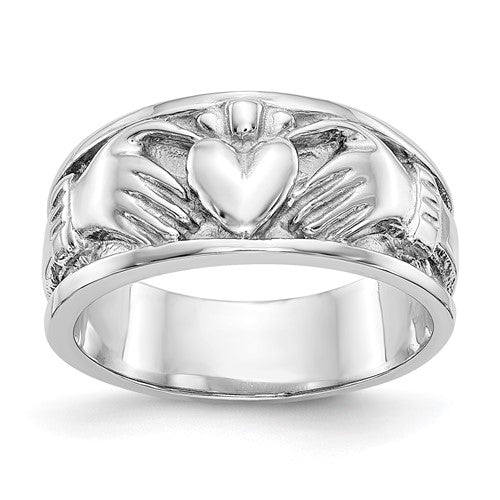 14k white gold Claddagh ring, Solomon Jewelers jewelry, featuring a heart and hands design, with detailed craftsmanship.