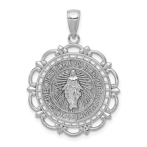 14k-white-gold-miraculous-medal-with-scallop-frame-pendant-SolomonJeweler-Wichita-KS-CustomJewelry
