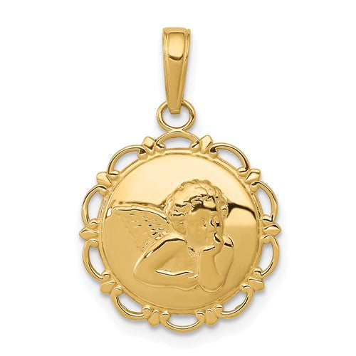 14k-polished-angel-on-round-scallop-frame-pendant-SolomonJeweler-Wichita-KS-CustomJewelry