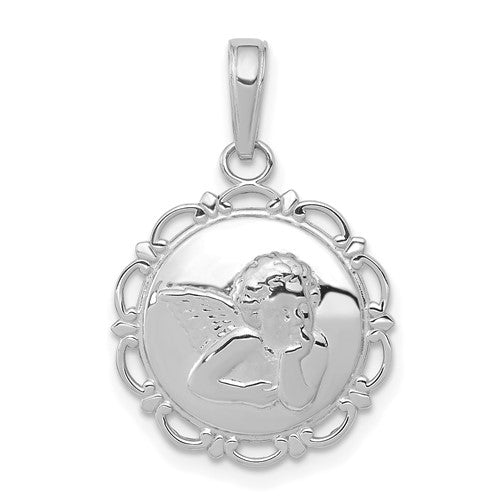 14k-white-gold-polished-angel-cherub-on-round-scallop-frame-pendant-SolomonJeweler-Wichita-KS-CustomJewelry