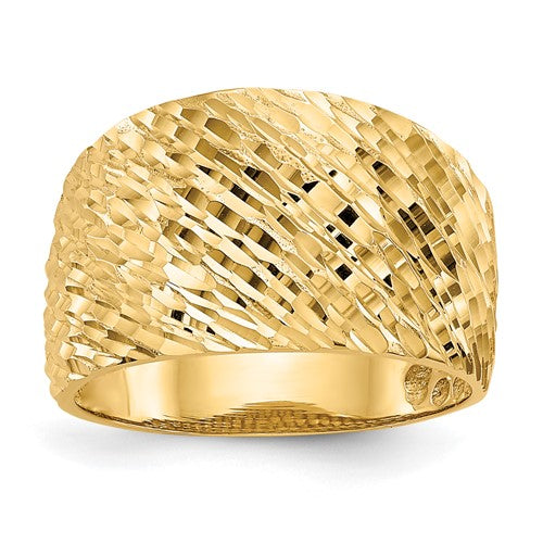 14K gold polished textured dome ring, jewelry piece with smooth and textured surface, crafted by Solomon Jewelers.