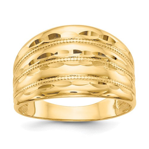 14K gold polished diamond-cut four ridge dome ring, Solomon Jewelers jewelry, showcasing its detailed design and smooth finish.
