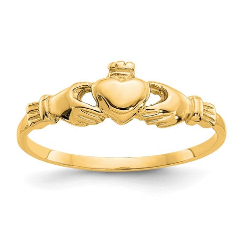 14K child's Claddagh ring from Solomon Jewelers, featuring traditional heart and hands design in gold jewelry.