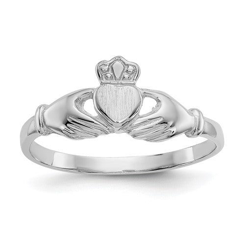 14k white gold Claddagh ring with polished and satin finish, featuring a traditional design, from Solomon Jewelers.
