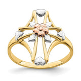 14K two-tone white rhodium polished cross and flower ring, elegant jewelry piece with intricate design from Solomon Jewelers