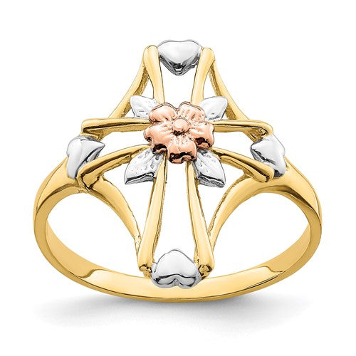 14K two-tone white rhodium polished cross and flower ring, elegant jewelry piece with intricate design from Solomon Jewelers
