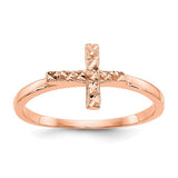 14k rose gold cross ring with polished finish, jewelry by Solomon Jewelers, featuring a sleek and elegant design.