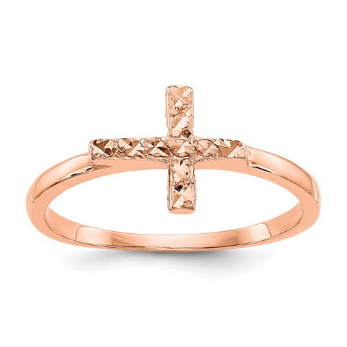 14k rose gold cross ring with polished finish, jewelry by Solomon Jewelers, featuring a sleek and elegant design.