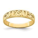 14K gold polished Jesus with hearts ring featuring detailed religious design, crafted by Solomon Jewelers.
