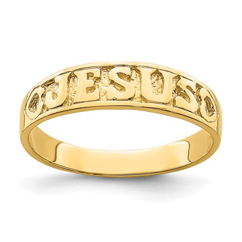 14K gold polished Jesus with hearts ring featuring detailed religious design, crafted by Solomon Jewelers.