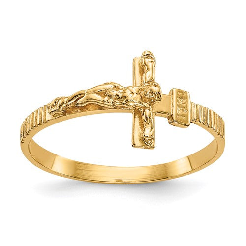 Polished 14K gold Jesus band ring for men, featuring religious design, on a jewelry display, by Solomon Jewelers.