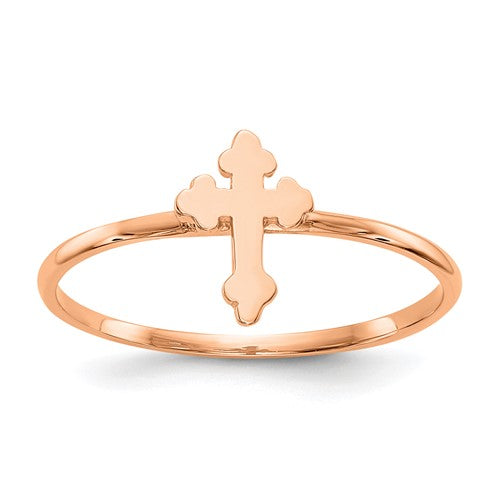 14k rose gold polished cross ring from Solomon Jewelers, showcasing a smooth, elegant design in jewelry rings collection.