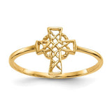 14k polished Celtic cross ring from Solomon Jewelers showcasing intricate design and shiny gold finish.