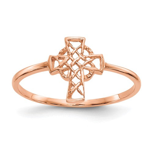 Polished 14k rose gold Celtic cross ring from Solomon Jewelers, featuring intricate cross design and smooth finish.